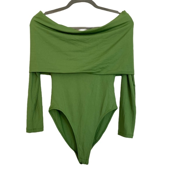 ZARA Bodysuit Long Sleeve Foldover Top Bright Olive Green Silky Smooth Stretch - Picture 8 of 15
